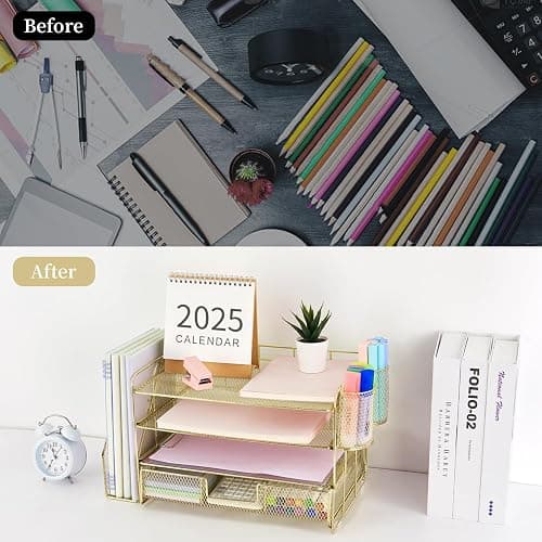 Gianotter Paper Letter Tray Organizer with File Holder, 4-Tier Desk Accessories & Workspace Organizer with Drawer and 2 Pen Holders - Gold thumbnail 4