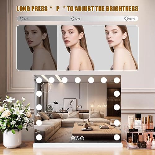 Bearolve Vanity Mirror with Lights, 23"×18" Large Hollywood Makeup Mirror with 15 Dimmable Bulbs, 3-Color Lighting, Dimmable, 10x Magnification, Desk Mirror, Bedroom (White) thumbnail 4