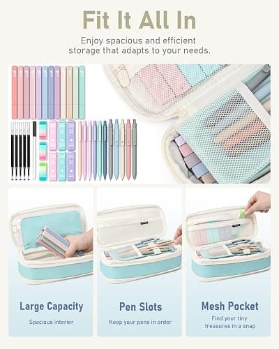 Four Candies 39 PCS Aesthetic School Supplies with Cute Pen Case, 12 Pastel Highlighters, 5 Black Ink Gel Pens, 6 Mechanical Pencils Set 0.5 & 0.7mm for Students Stationary College Essentials (Blue) thumbnail 2