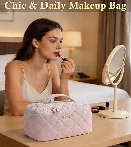 Travel Makeup Bag, 3 Pcs Large Capacity Puffy Toiletry Bag for Women, Open Flat Quilted Make up Cosmetic Organizer w/Handle & Clear Divider Water-resistant Portable Pouch Travel Essentials, L-Black thumbnail 2