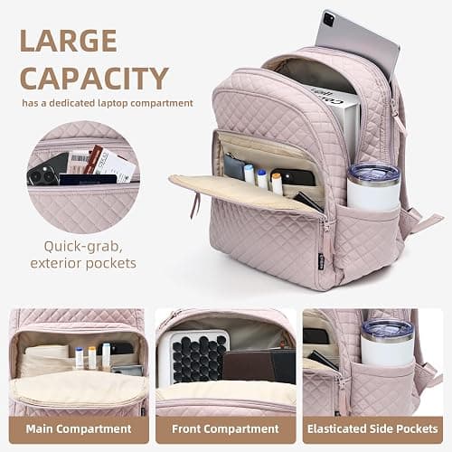RosaRubus Backpack for Women,College Backpack,Quilted Casual Daypack,Waterproof Bookbag for 15.6Inch Laptop (Dust Pink) thumbnail 6