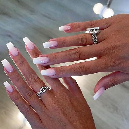 Ombre Press on Nails Coffin Fake Nails Medium False Nails with Design Pink White Gradient Full Cover Acrylic Nails Artificial Glue on Nails for Women Girls Manicure 24Pcs… - Image 1