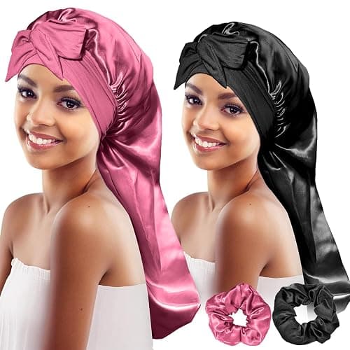 2 Pcs Long Satin Bonnet, Braid Cap for Women, Silk Bonnet for Braids Curly Hair with Tie Band(Black&Rose Red) - Image 1