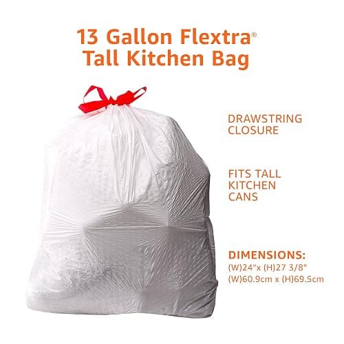 Amazon Basics 13 Gallon Tall Kitchen Drawstring Trash Bags, Flextra Strength, Clean Fresh Scent, Tear Resistant, 0.9 mil Thickness, 10% Post Consumer Recycled, 120 Count thumbnail 3