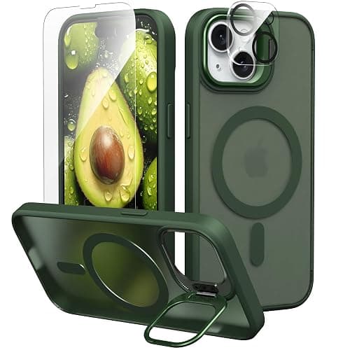 IDweel for iPhone 15 Case with Screen Protector & Camera Lens Protector,Compatible with MagSafe,Built-in Camera Stash Stand,Magnetic Hard Back Soft Edge Anti-Fingerprint Flexible Cover,Green - Image 1