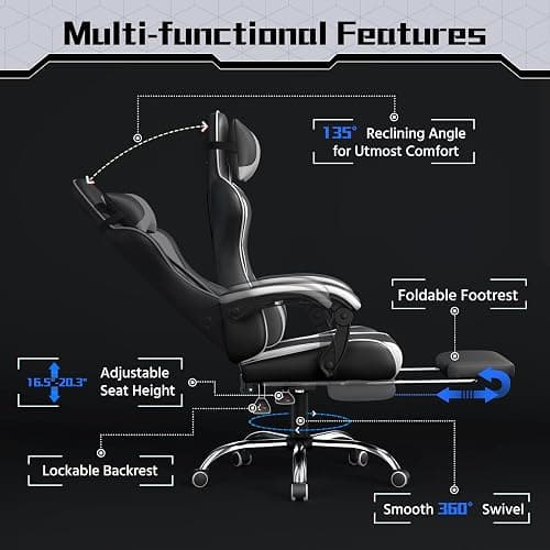 Yaheetech Gaming Chair, Video Game Chair with Massage Lumbar Support and Footrest Height Adjustable Ergonomic Computer Gaming Chair with Swivel Seat and Headrest, Black/White thumbnail 5