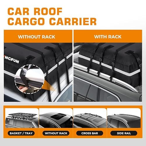 Kingfun Car Rooftop Cargo Carrier – Waterproof 20 Cubic Feet Car Roof Bag Fit All Vehicles with/Without Roof Racks, Includes Anti-Slip Mat, 8 Reinforced Straps & 6 Door Hooks, Luggage Locks（Black） thumbnail 3