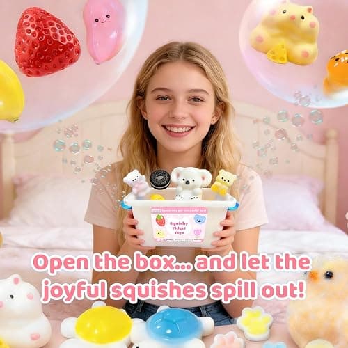 SUISUILE 24 Pack Squishy Toys Kit, Ultra-Soft Squishies with Keychain & Storage Box, Sticky Squishy Sensory Squeeze Toys, Include Hamster, Strawberry, Chick Squishies for Stress Relief Party Favors thumbnail 7