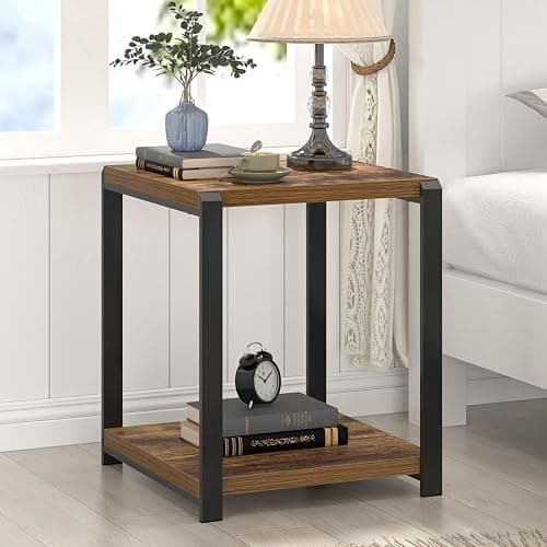 EXCEFUR End Table with Storage Shelf, Modern Side Table for Living Room, Wood and Metal Bedside Table Nightstand, Rustic Brown thumbnail 3