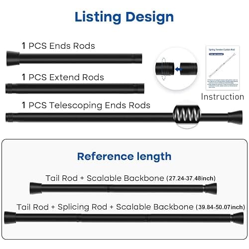 QINGYUN Black Tension Curtain Rod 28 to 48 Inch Spring Rod No Drilling Adjustable Shower Curtain Rod for Windows, Bathrooms, Closet, Kitchen - 28" to 48"-1Pcs - Black. thumbnail 3