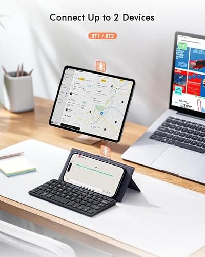 Doohoeek Universal Bluetooth Keyboard for Samsung Galaxy Z Fold, iPad mini 7 2024 & Phones, Dual Bluetooth Mini Keyboard with Any-Angle Kickstand & Leather Cover for Android, Windows and iOS thumbnail 4