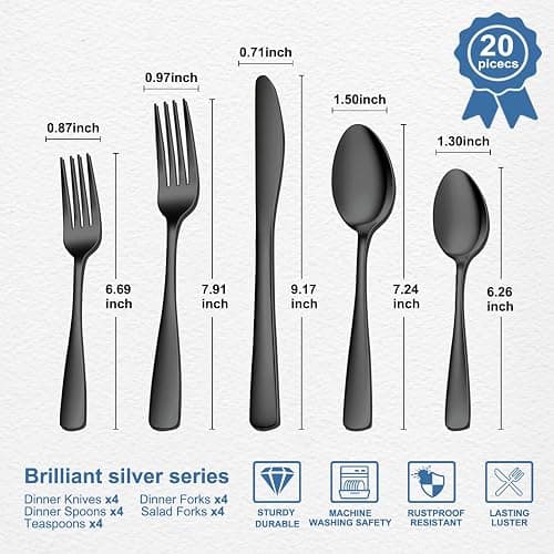 BEWOS 20 Piece silverware set - Service for 4, Black Stainless Steel Silverware Set with Mirror Polishing, Including Knives, Forks and Spoons, Dishwasher Safe, Flatware Set Suitable for Home Kitchens thumbnail 2