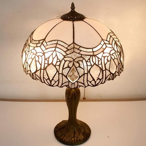 WERFACTORY Tiffany Style Table Lamp White Stained Glass Crystal Bedside Lamp 16X16X24 Inch Desk Reading Light Metal Base Decor Bedroom Living Room Home Office S508W Series thumbnail 7