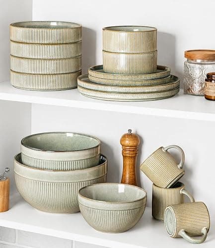 GBhome Ceramic Mixing Bowls Set of 3, Stoneware Nesting Serving Bowls, | 45/90/150 oz For Prep, Baking, Serving, Gift, Microwave and Dishwasher Safe, Ribbed Dishware Collection,Desert Sage thumbnail 8