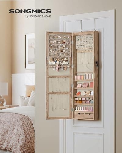 SONGMICS 6 LEDs Mirror Jewelry Cabinet, 47.2-Inch Tall Lockable Wall or Door Mounted Jewelry Armoire Organizer with Mirror, 2 Drawers, Christmas Gift, 3.9 x 14.6 x 47.2 Inches, Toasted Oak Color thumbnail 4