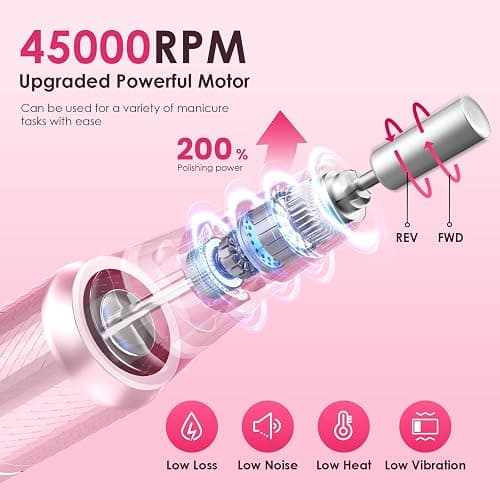HELIVIVE Professional Electric Nail Drill 45000RPM Cordless Nail File | Portable & Rechargeable, 11 Drill Bits, for Shaping, Polishing & Removing Gel Nails for Salon Home (Pink) thumbnail 2