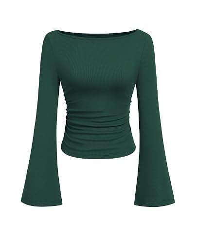 PRETTYGARDEN Womens Long Sleeve Shirts 2026 Spring Crop Going Out Tops Casual Boat Neck Bell Sleeve Ribbed Ruched Y2K Clothes - Image 1