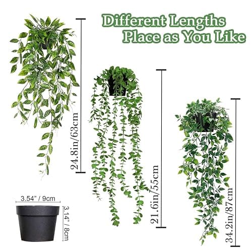 Artificial Hanging Plants 3Pcs Potted Greenery Decor - Grey Eucalyptus Mandala Snow Pea Vine in Pot Plants for Office Farmhouse Home Indoor Outdoor Decor thumbnail 3