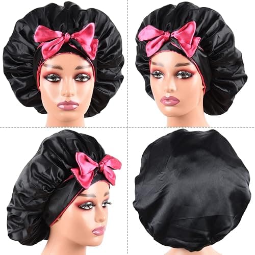 Satin Bonnet with Tie Band Adjustable Silk Bonnet Sleep Cap for Braids double layer with Tie for Sleeping (Hot Pink +Black) thumbnail 8