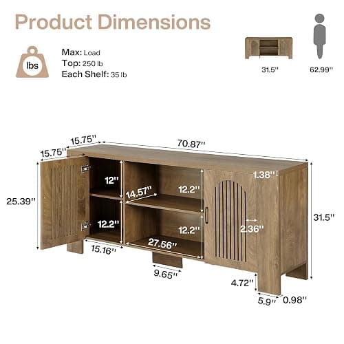 Tribesigns 70.8" Long TV Stand for 65/70/75 Inch TVs, Wood Large Entertainment Center with Storage Cabinets & Shelves, Modern Minimalist TV Console for Living Room, Bedroom, Apartment, Brown thumbnail 2