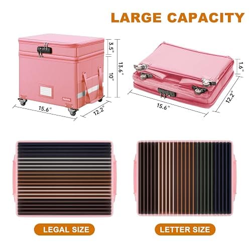 DocSafe File Box with Lock,2-Layer Fireproof Document Box with Wheels,Collapsible Rolling File Storage Organizer with Pockets,Large Portable Home Office Filing Cabinet Safe for Hanging Folders,Pink thumbnail 2