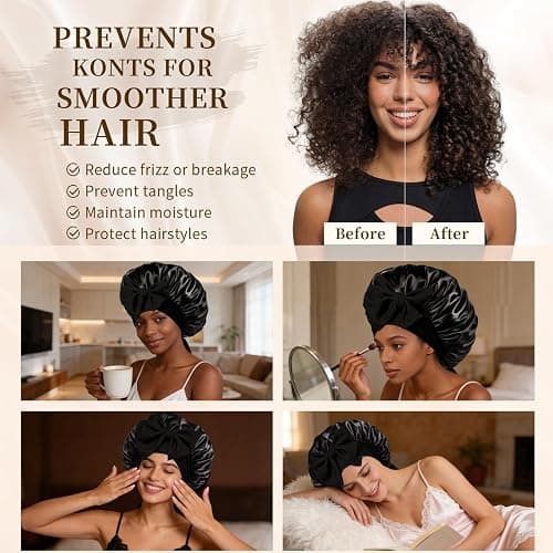 Silk Bonnet Satin Bonnet for Sleeping Large Bonnets with Tie Band Hair Wrap with Adjustable Straps Hair Cap for Women Curly Black thumbnail 6