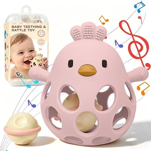 Tinabless Baby Teether Rattle Toys, 2-in-1 Easy Grip Silicone Teething for Babies 3-12 Months, BPA-Free Sensory Chew Toy for Sore Gums, Infant Gift (Pink w/Rattle) thumbnail 9