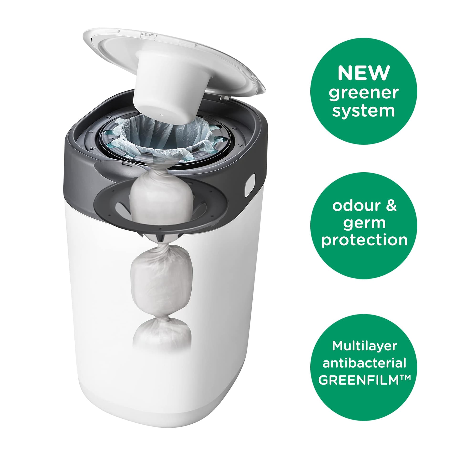 Tommee Tippee Twist and Click Advanced Nappy Bin, Eco-Friendlier System, Includes 1x Refill Cassette with Sustainably Sourced Antibacterial GREENFILM, White thumbnail 4
