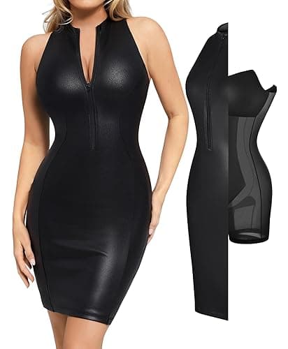 Popilush Faux Leather Dress for Women - Midi V Neck Dresses Shapewear Body con Dress Women - Date Night Outfit - Large - Black