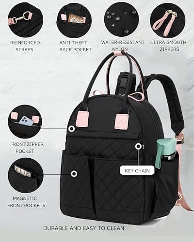 LORADI 18 Pockets Large Diaper Bag Backpack with Waterproof Pockets and Stroller Buckle, Convertible Baby Bag (Black-pink, Medium) thumbnail 4