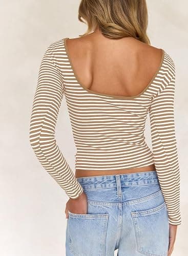 Falechay Womens Summer Short/Long Sleeve Tops Sexy Backless Striped Shirts Going Out T-Shirt Y2K Crop Blouse Boat Neck Outfit thumbnail 5