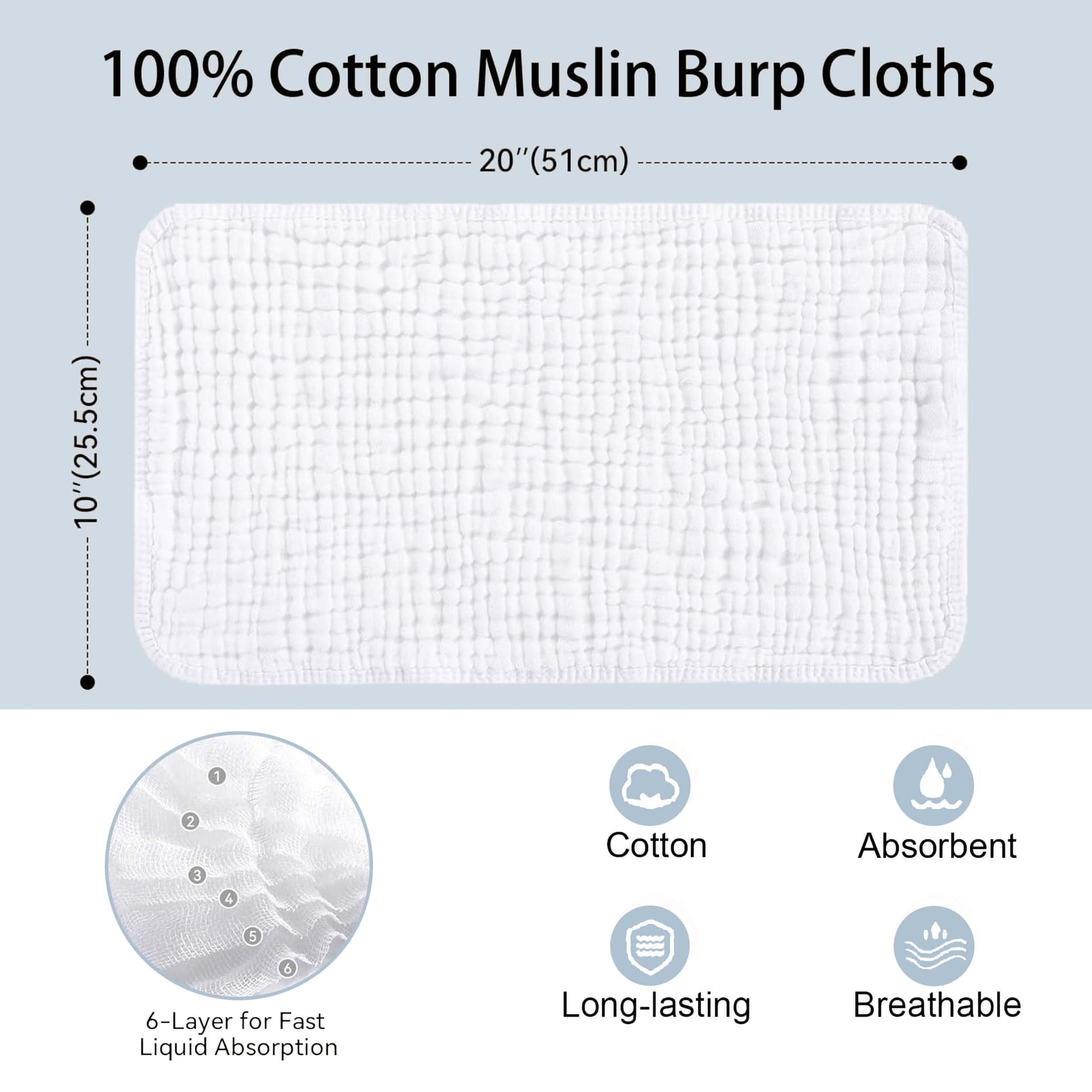 10-Pack Burp Cloths,100% Cotton Muslin Thickened Baby Burp Cloths Super Soft and Absorbent, Newborn Towels 20" x 10"(White) thumbnail 3