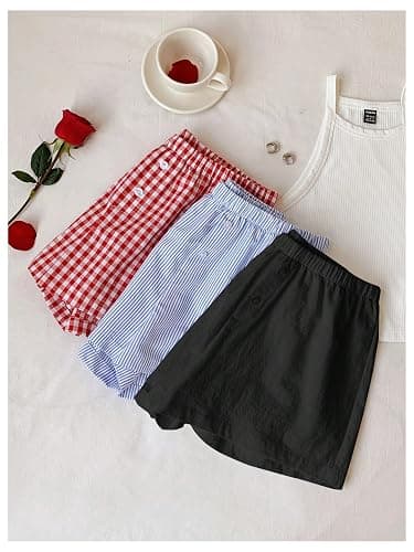 MakeMeChic Women's 3 Pack Linen Shorts Gingham Striped Beach Shorts | Summer, Plaid, Cover Up Shorts thumbnail 5