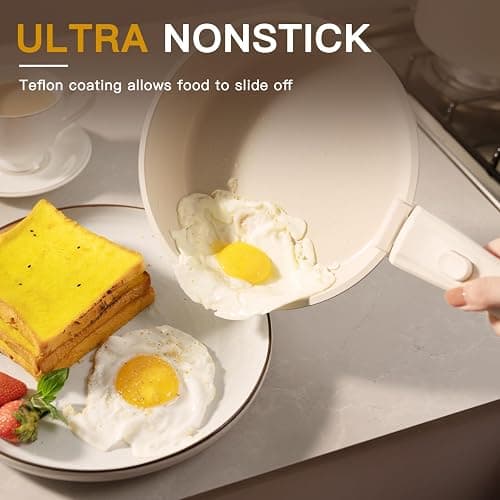 Astercook Ceramic Non-stick Cookware 21 Pcs Pots and Pans Set, Detachable Handle, RV Kitchen Non Stick Cooking Set Removable Handles, Oven Safe, Induction Ready, Stackable, Cream White thumbnail 2
