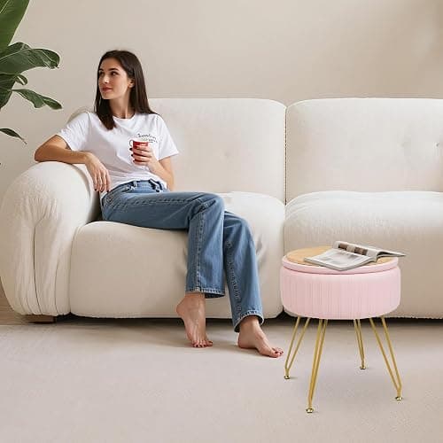 xupersodys Round Vanity Stool with Storage Ottoman, Vanity Chair for Makeup Room with Removable Cover, Small Footrest Ottoman for Home, Living Room, Bedroom (Pink) thumbnail 7
