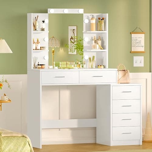 TEENFON Vanity Desk with 6 Drawers, 6 Open Shelves, Makeup Vanity with Mirror and Lights, Dressing Table with 3 Lighting Color Adjustable, Bedroom, White thumbnail 6