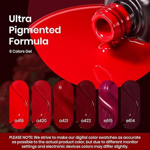 Beetles Red Gel Polish Set - 6 Colors Burgundy Red Gel Nail Polish Popular Shimmer Red-Obsession Collection Nails Art Design Soak Off Uv LED Nail Kit Minicure DIY Home Christmas Nails Set thumbnail 3