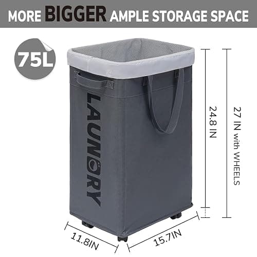 Goodpick 75L Laundry Basket with Wheels & Removable Wash Bag, Large Rolling Laundry Hamper for Clothes, Dorm Room Essentials, Grey thumbnail 3