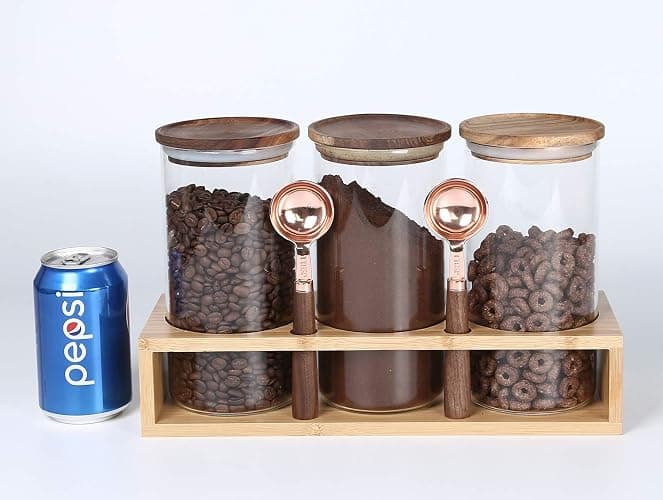 KKC HOME ACCENTS Sealed Glass Food Storage Containers with Airtight Wood Lids and Scoops for Kitchen Counter,Air Tight Sealed Glass Jars for Coffee,Loose Leaf Tea,Brown Sugar,39 Fluid Ounces thumbnail 6