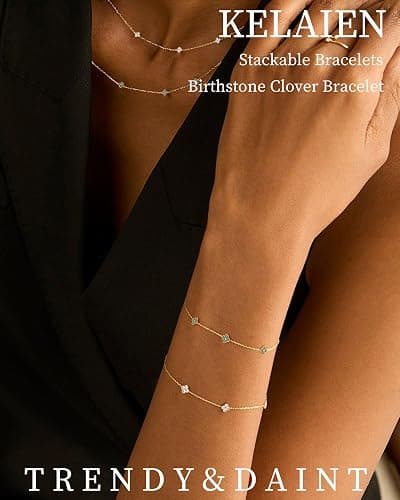 KELAIEN Birthstone Gold Clover Bracelet Dainty 14K Gold Plated Cute Friendship Stackable Bracelets for Women No Tarnish Trendy Charm Best Friend Bracelet Stack for Birthday Jewelry thumbnail 3