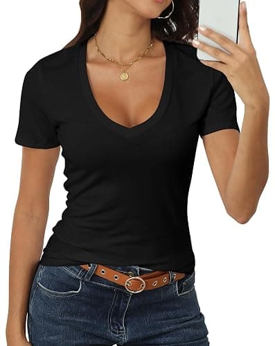 Roselux Women Short Sleeve Deep V Neck Tops Shirts Fitted Cotton Summer Tshirt Tee - Image 1