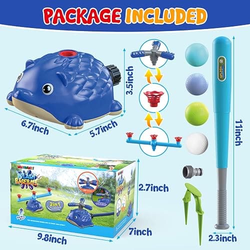 MuroMucci Water Sprinkler Baseball Toy, 5 in 1 Water Sprinkler for Kids Outdoor Play with 2 Sprinkler Heads, Hedgehog Baseball Sprinkler Toy, Summer Backyard Lawn Pool Party Fun thumbnail 2