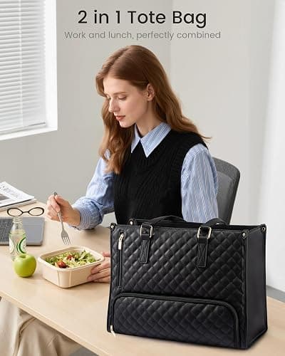 LOVEVOOK Lunch Tote Bag for Women, 15.6 Inch Laptop Bag with Insulated Lunch Compartment, Quilted Large Capacity Computer Handbag with Purse for Business, Work, Nurse, Office, Collage, Casual, Black thumbnail 6