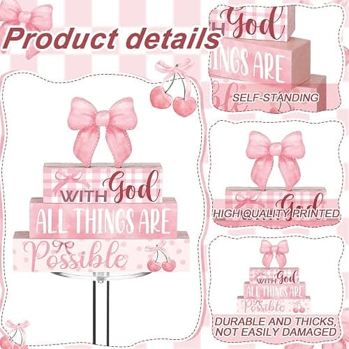Cinnvoice 4 Pcs Pink Coquette Bow Room Decor Christian Bow Centerpieces for Table Bathroom Decor Inspirational Aesthetic College Teen Girls Gifts (God) thumbnail 4