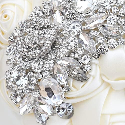 XINNI Brooch Bridal Wedding Bouquet Bride Bridesmaids Satin Rose Flower Bouquet with Meteor Shower Shape Rhinestone for Wedding Dark Red thumbnail 3