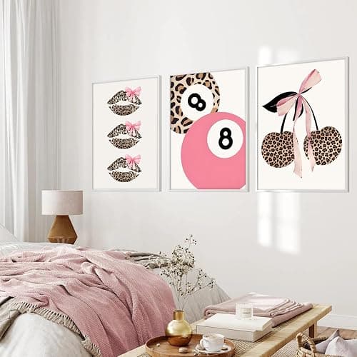 Trendy Pink Leopard Bow Wall Art Set of 3 Funky Cherry Lucky 8 Ball Posters Prints Cute Coquette Preppy Room Aesthetic Wall Decor Pictures for Girls Bedroom Apartment Dorm Unframed 12x16in thumbnail 3