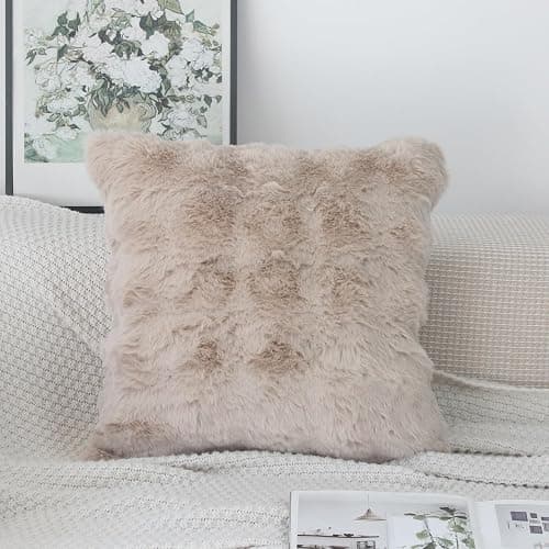 NIULAA Beige Cushion Covers 45 x 45 Soft Fluffy Faux Fur Cushion Cover Set of 2 Thick Plush Luxury Decorative Pillows 18x18 Modern Moroccan Style Covers Bedroom Sofa Pillow Shell thumbnail 4
