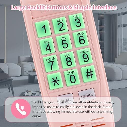 Pink Landline Phone Inspired by 90s Vintage Princess Phone with 110DB+ Loud Ringer, Retro Wall Phone No Power Required, Pink Corded Telephone for Kids/Seniors, Cute Novelty Landline Phones for Home thumbnail 2
