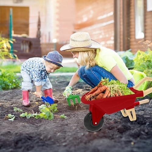 Qtioucp Kids Gardening Tools Outdoor Toys Set Backyard Play with Wheelbarrow Educational STEM Learning Pretend Toys Outdoor Indoor for Toddlers Kids Boys Girls (Red Wheelbarrow Set) thumbnail 7