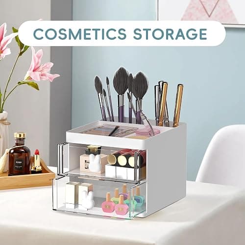 DRQ Desk Organizer with 2 Drawers, Multi-Functional Pencil Pen Holder for Desk Storage with 3 Compartments, Mini Cute Desk Accessories and Organizers for School Home Office Supplies (White) - White thumbnail 6